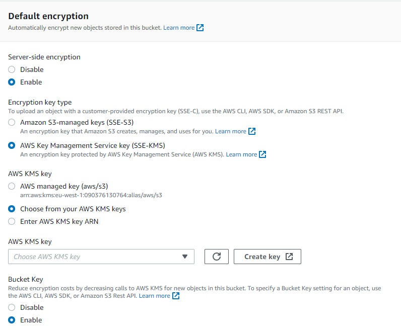 Encryption options available for data stored in S3 buckets.