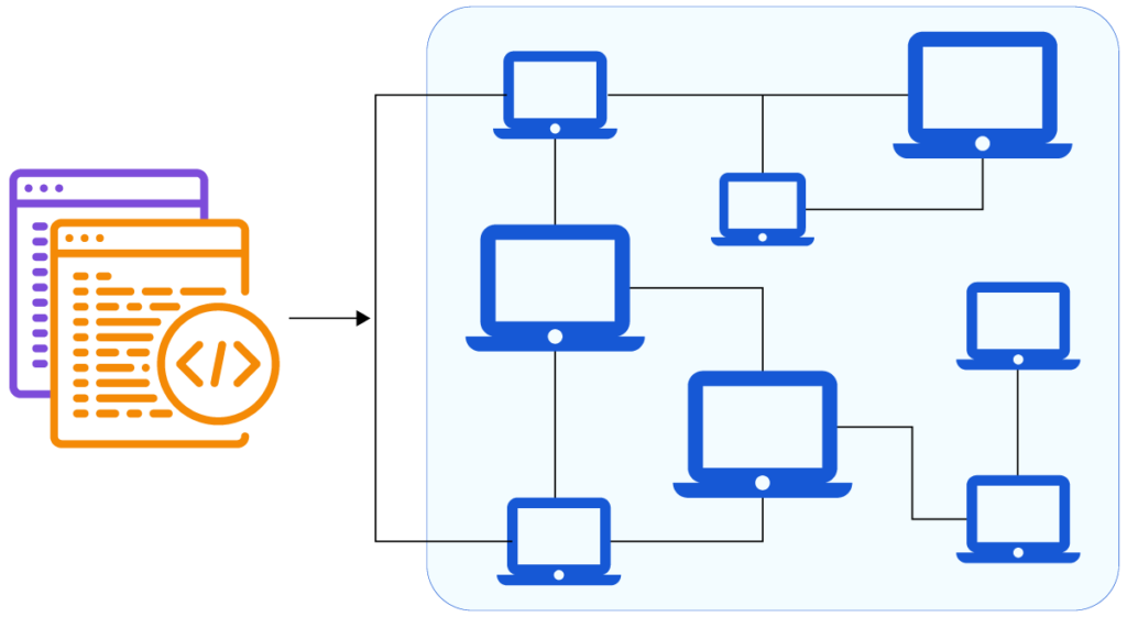 illustration of code flowing to many different computers