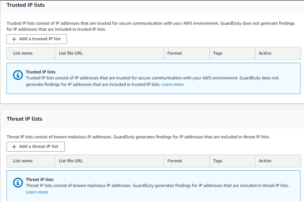Pictures of the AWS UI for adding trusted IPs and threat IPs