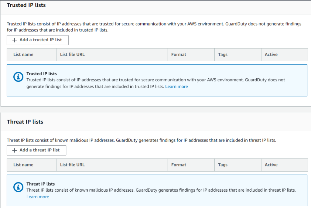 Trusted IPs and Threat IPs can be added to GuardDuty from the console. 