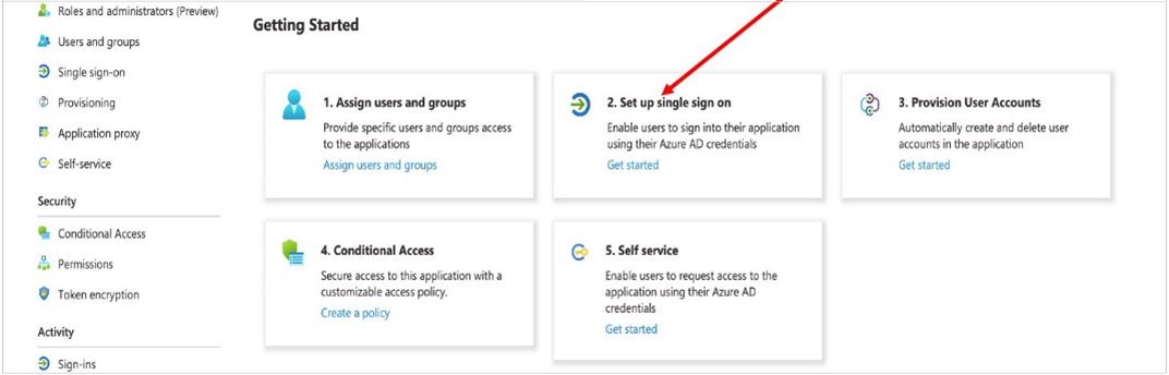 Screenshot of the Getting Started page, a red arrow points ot the tile labeled Set up single sign-on