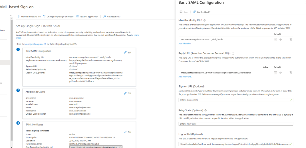 Screenshot of the SAML configuration