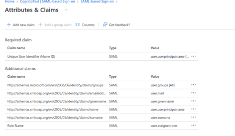 Screenshot of User Attributes & Claims section