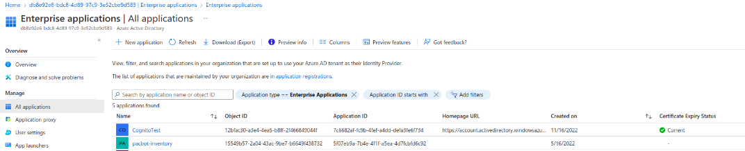 Screenshot of the Enterprise applications > All applications UI