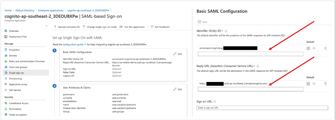 Screenshot of the SAML configuration with red arrows calling out the locations for Identifier ID & Logout URL 