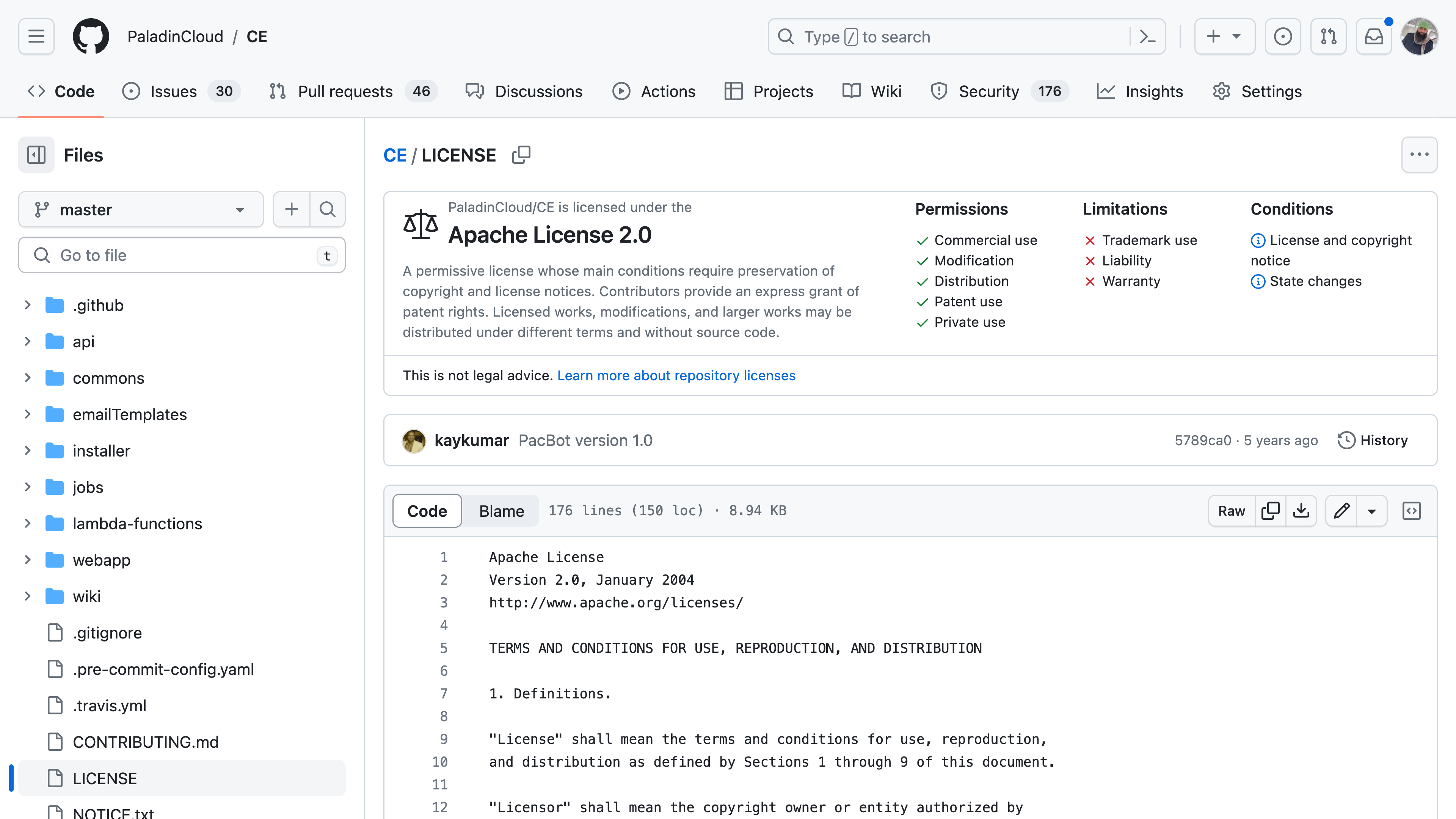 Screenshot of the Paladin Cloud repository Apache 2.0 license page