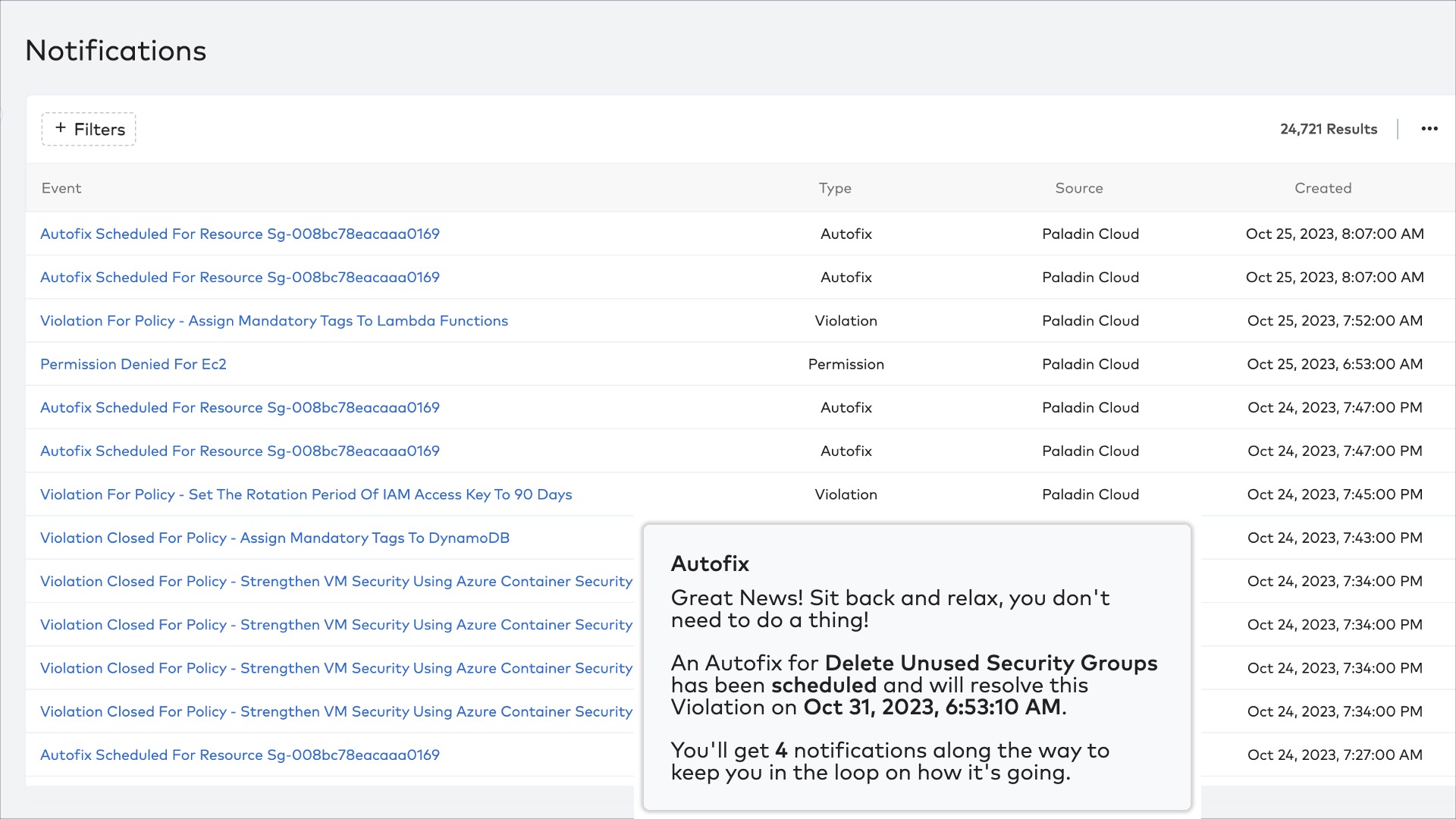 A screenshot of Paladin Cloud's autofix notifications