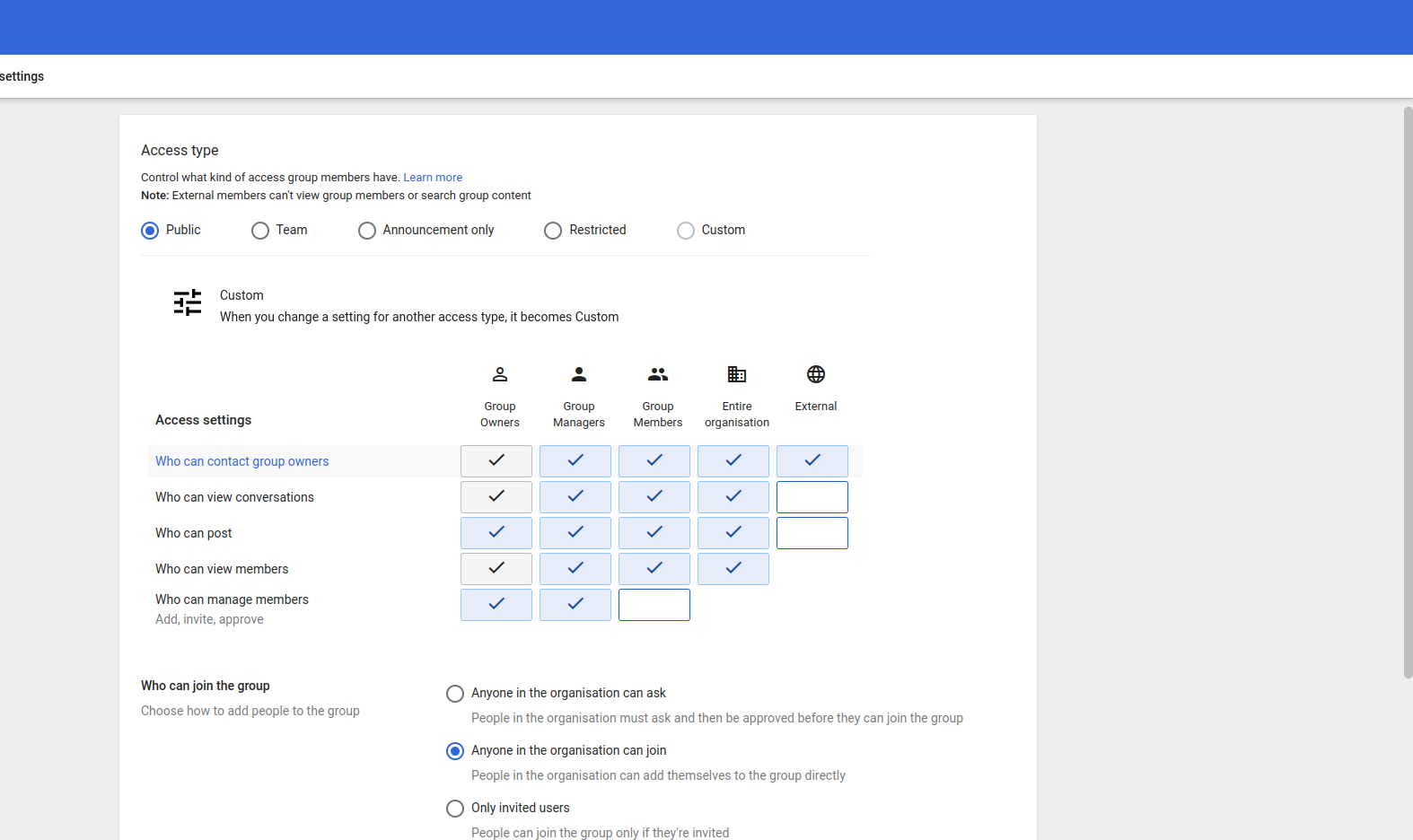 screenshot of the access type settings