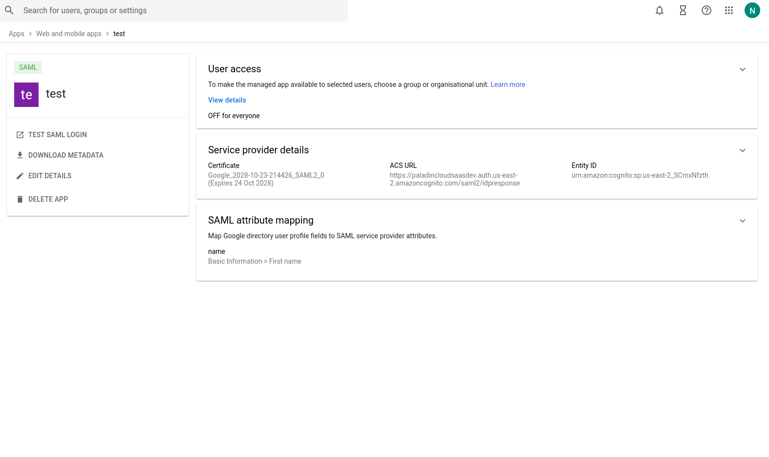 User access in service status screenshot