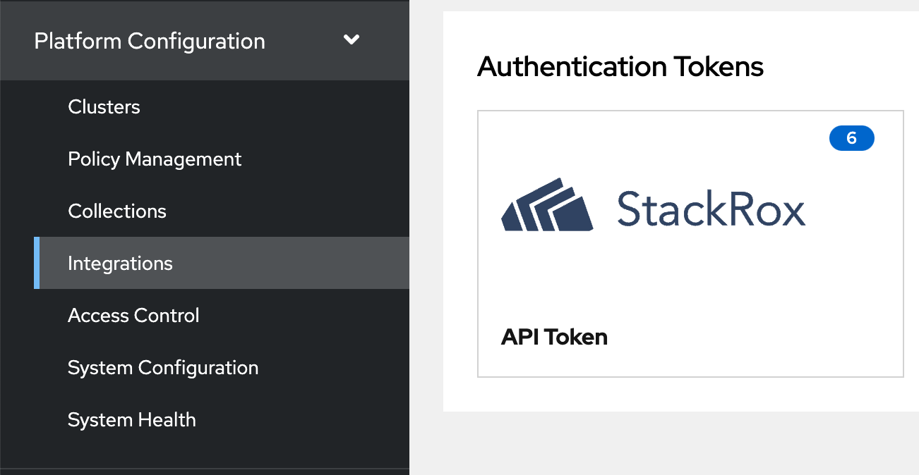 A cropped screenshot of Red Hat's Platform Configuration: Integrations listing showing where to find the API Token option