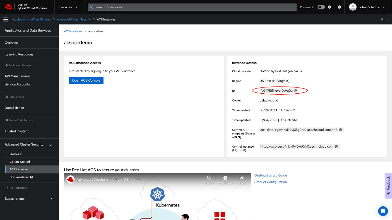 A screenshot of Red Hat ACS showing where to find the ACS Instance ID