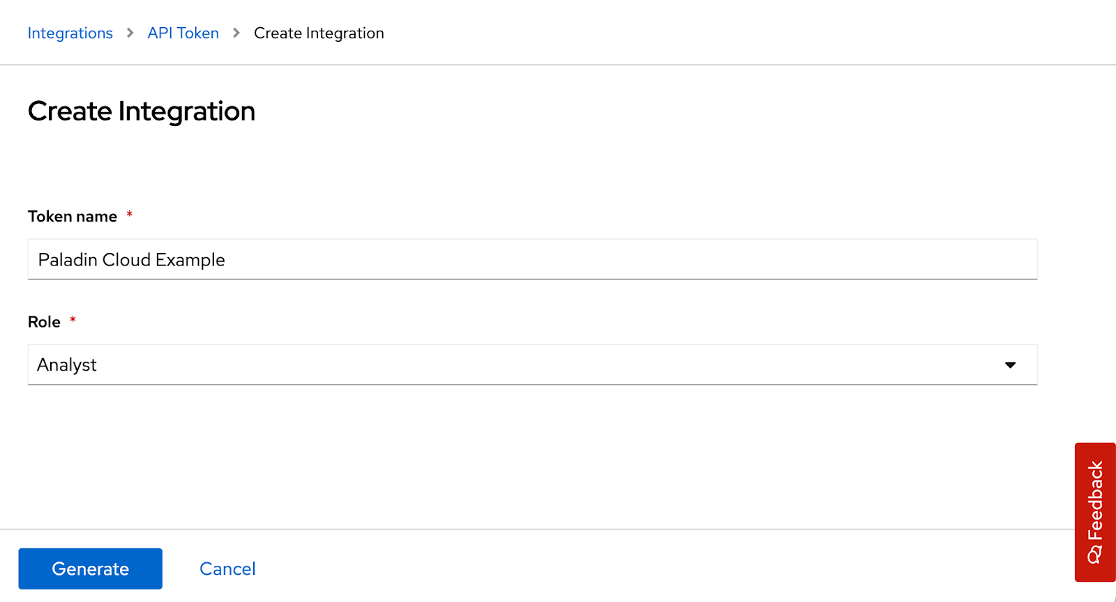 A screenshot of the Create Integration menu. Showing the fields fro Token Name and Role. The role is set to Analyst.