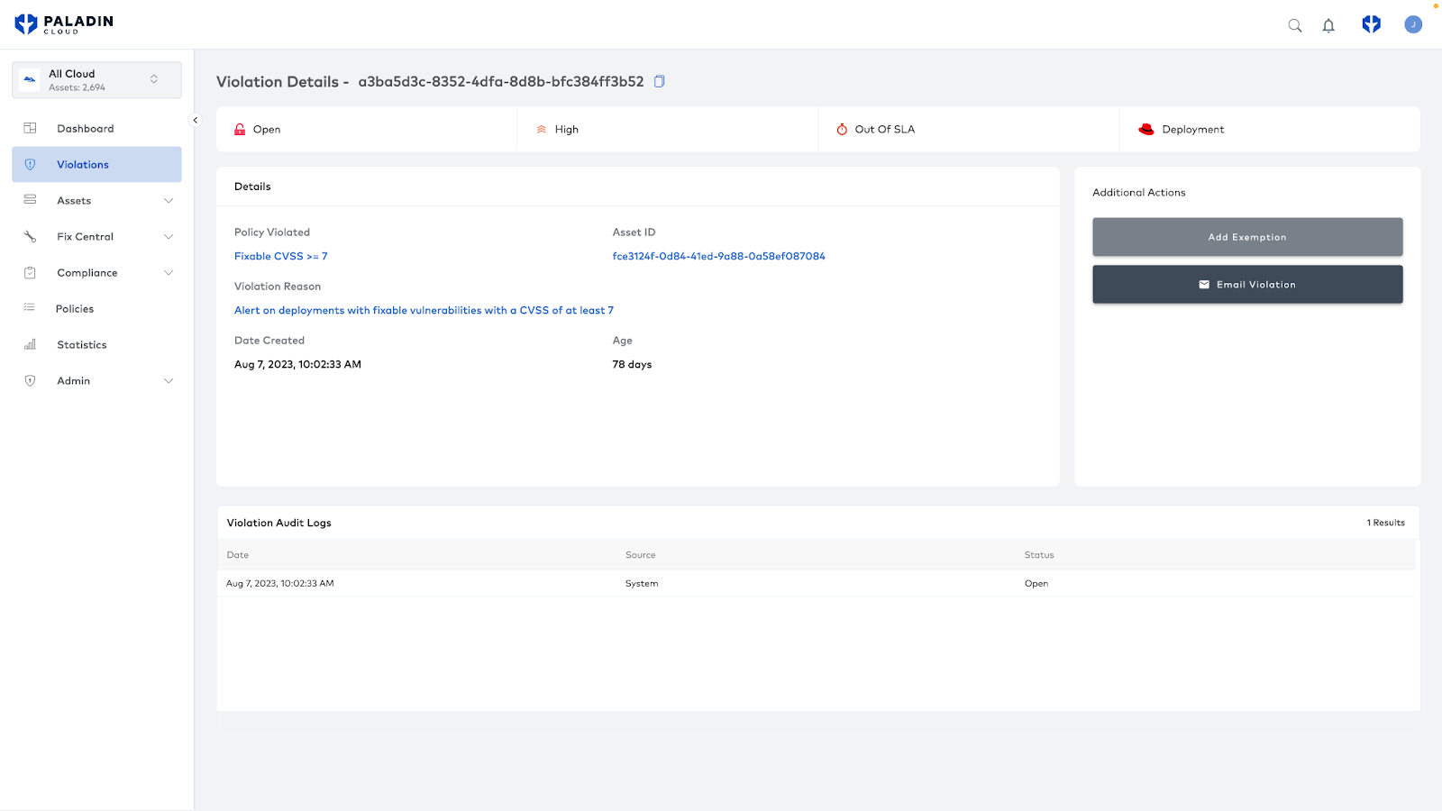 A screenshot showing the interface for interacting with Red Hat ACS findings from inside Paladin Cloud.